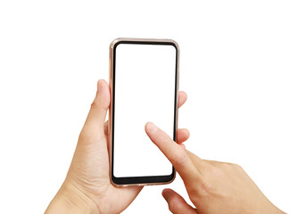 スマホをタッチする女性の手と白背景