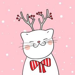 Draw white cat with beauty scarf in snow for winter season