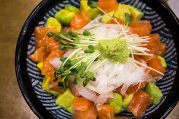 Avocado, Salmon, Onion with rice