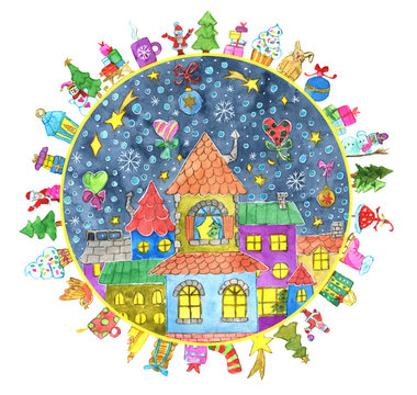 Round greeting card with decorated colorful houses, town or village in holiday frame with gifts on white. Merry Christmas and Happy New Year. Winter watercolor illustration