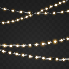 Christmas bulbs lights isolated realistic design elements. Golden glowing lights for Xmas Holiday cards design. Realistic luminous garland decoration.