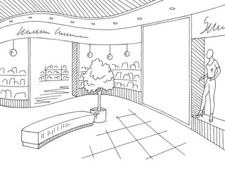 Shopping mall graphic black white interior sketch illustration vector