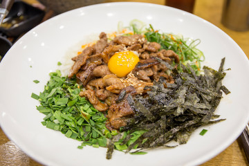Grilled Pork Neck, seaweed, spring onion, egg with rice