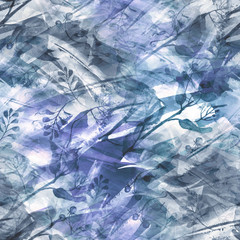  Seamless vintage pattern - branch of a linden, watercolor.splash of abstract paint,fashionable art background, shawl. Linden tree, linden flowers,  leaves. Abstract art illustration scenic background