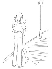 Obraz premium Man and woman hugging meeting on the street graphic black white landscape sketch illustration vector