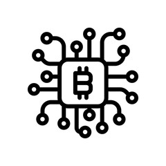 Linear bitcoin chip icon. Processor for farming. Black on white