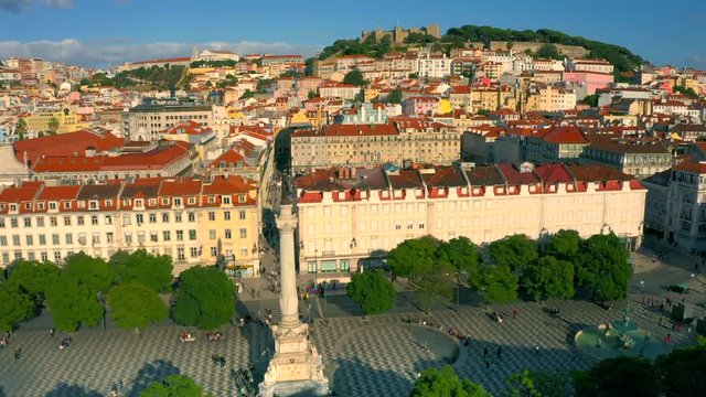 Aerial view of Rossio square with Lisbon skyline