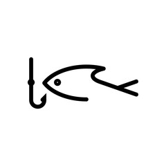 Fishing logo, fish and hook. One line icon, linear symbol. Black