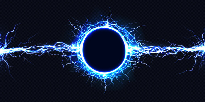 Powerful electrical round discharge hitting from side to side realistic vector illustration isolated on black background. Blazing lightning circle strike in darkness Electric energy flash light effect