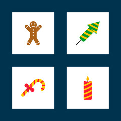 Cards with christmas icons. Gingerbread man, firework, sweet candies, candle. Vector illustration