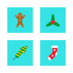 Cards with christmas icons. Gingerbread man, firework, holly, sock. Vector illustration