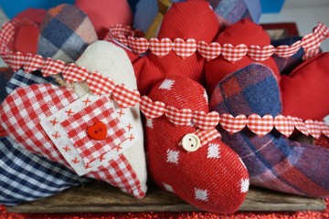 Colorful hearts stuffed, with fabric - Valentine's Day
