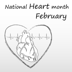 Heart health poster, banner, design template. National heart day, february. Anatomy heart image, heartbeat. Medical flat outline vector illustration.