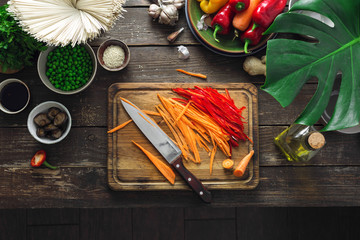 Raw ingredients cooking vegetarian thai noodles table home kitchen top view