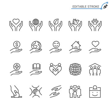 Charity and donation line icons. Editable stroke. Pixel perfect.
