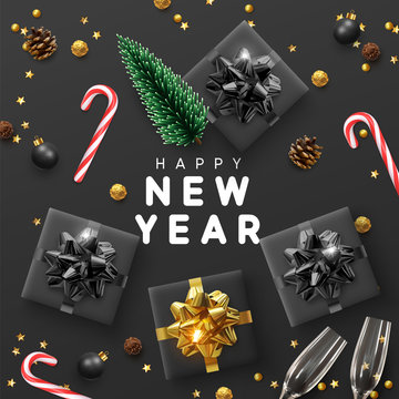Happy New Year Modern background. Xmas sparkling gold star with gifts box and golden tinsel realistic glasses. Christmas posters, greeting cards, headers, website. Objects viewed from above. Flat lay,