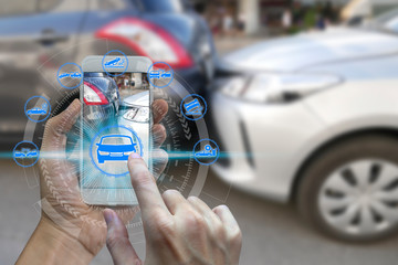 Hand use smartphone with car claim icons