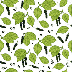 Pepper. Plant. Leaves, fruit. Texture, wallpaper, seamless. Sketch. Color. On a white background.
