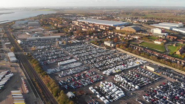 An aerial view of thousands new cars awaiting export near Dartford Crossing