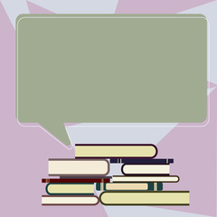 Fototapeta premium Design business Empty copy space text for Ad website promotion isolated Banner template. Uneven Pile of Hardbound Books and Blank Rectangular Color Speech Bubble