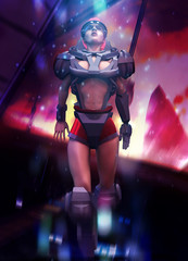 Fototapeta na wymiar Futurisctic sci-fi superhero woman in costume flying front view.