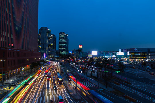 night city view long exposure from the pedestrian bridge near Seoul station