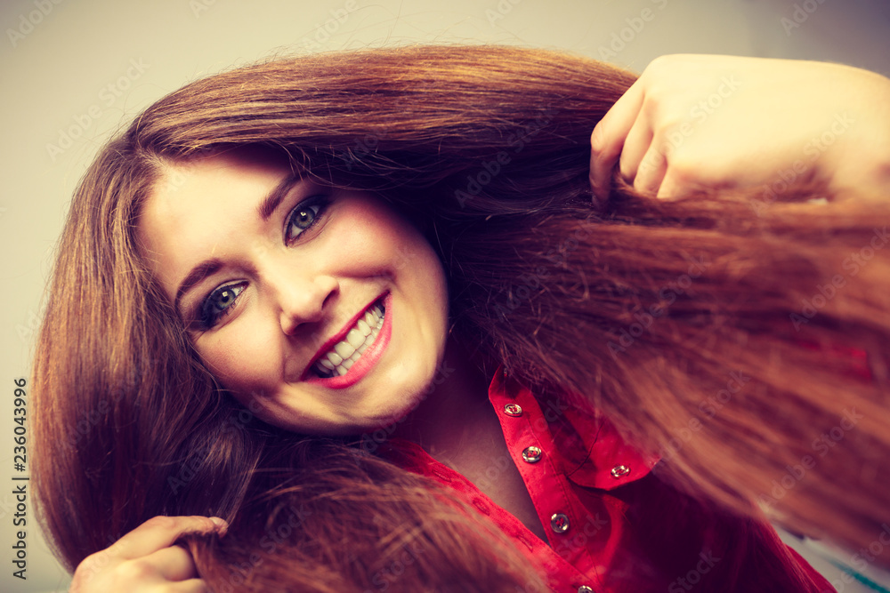 Sticker Happy positive woman with long brown hair