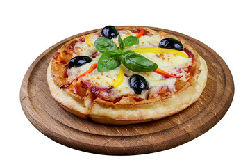 Round American waffle on a white background. Stuffed with salami, cheese and olives