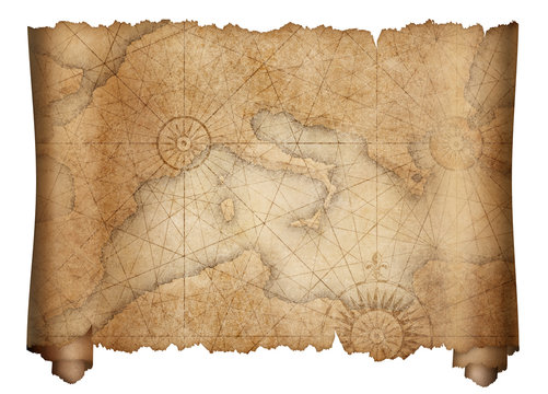Fototapeta old medieval mediterranean map scroll isolated