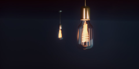 Concept vintage glowing light fuel efficiency bulbs on dark background. Lamp bulb. Light lamp. 3D render. 3d illustration. Life ecology green theme concept