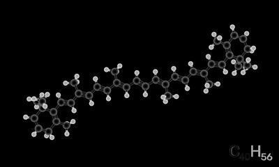 Carotene model molecule. Isolated on black background. Luminance effect.