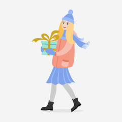 Happy girl carries a gift. Preparing for the New Year and Christmas. Flat illustration for design.