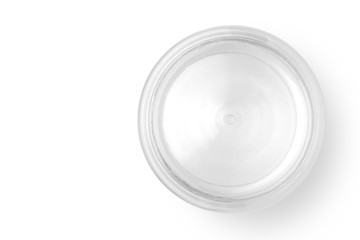 Top view of empty plastic jar isolated on white background