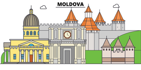 Moldova line skyline vector illustration. Moldova linear cityscape with famous landmarks, city sights, vector design landscape. © iconsgraph