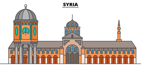Syria line skyline vector illustration. Syria linear cityscape with famous landmarks, city sights, vector design landscape.