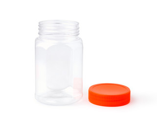 Empty plastic jar isolated on white background
