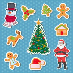 Christmas sticker. Set of different sticker for christmas. New Year. Different new year characters. Colorful cartoon sticker. New Year characters of Christmas sticker. Christmas design element.
