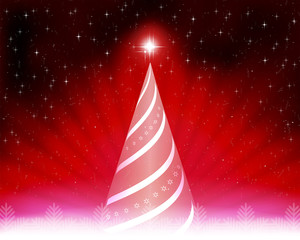 Christmas card with abstract tree, rays of light and white snowflakes.