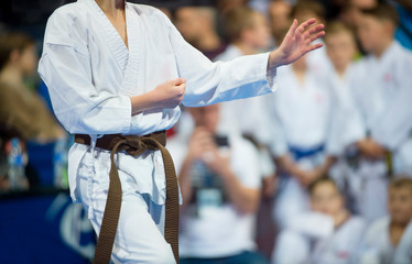 young, beautiful and successful karate kid in karate position. Sport competition.