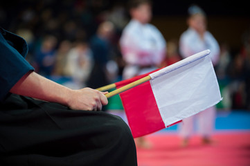 Karate referee with red and white flags