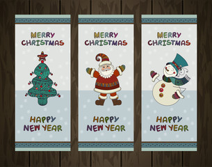 Vector set of christmas backgrounds. Christmas banners with Christmas Tree, Santa Claus and Snowman on wood texture. Merry Christmas and Happy New Year Labels. Xmas vector design elements.