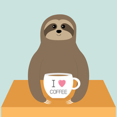 Sloth sitting sleeping. I love coffee cup. Teacup on table. Cute cartoon lazy sleep baby character. Wild jungle animal collection. Slow down. White background Flat design