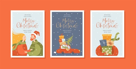 Merry christmas and happy new year greeting cards with people. Vector winter season set. Postcard or invitation template.