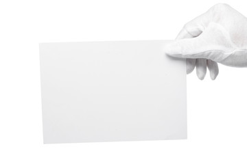 Butler or concierge hand holding blank note. Horizontal format arm with hand outstretched from right side isolated on white. - obrazy, fototapety, plakaty