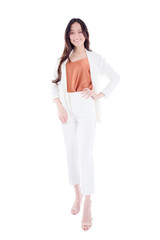 Full length of beautiful young asian businesswoman smiling at camera isolated over white background