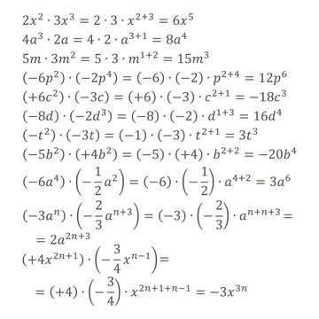 An example of an algebraic multiplication of degrees with the same base positive and negative numbers are variables