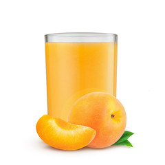 Orange apricots with leaf and apricot juice isolated on a white background