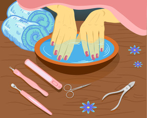 Manicure, hand care. Woman s manicured hands with bowl, tools, vector illustration