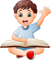 Cartoon little boy reading a book
