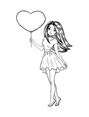Young beautiful woman with a balloon. Black and white vector illustration.